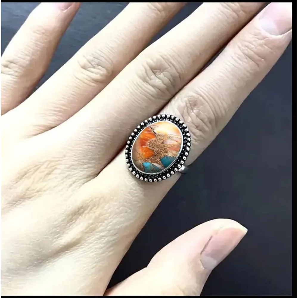 Boho Earth Tones Oval Beaded Resin Ring - Picture 2 of 8